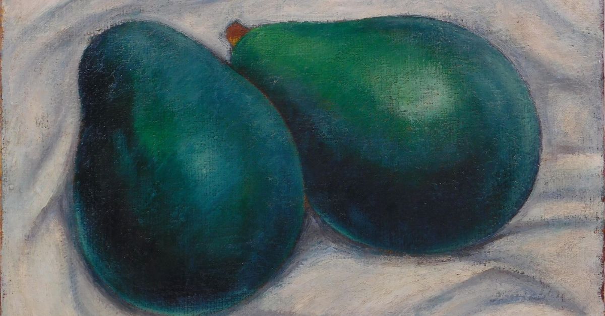 Painting of Two avocados rest on white fabric by Georgia O'Keeffe